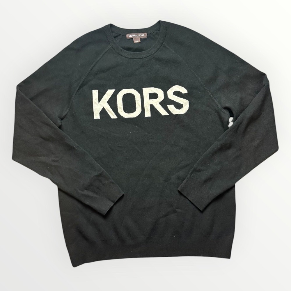 Michael Kors Womens Black Intarsia Logo Raglan Crewneck Sweater Large